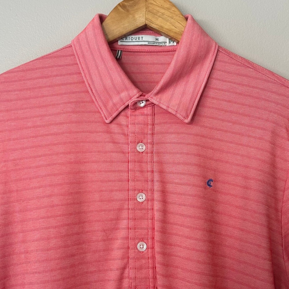 Criquet Polo Shirt Men Medium Pink Striped Long Sleeve Pima Cotton Blend Golf
